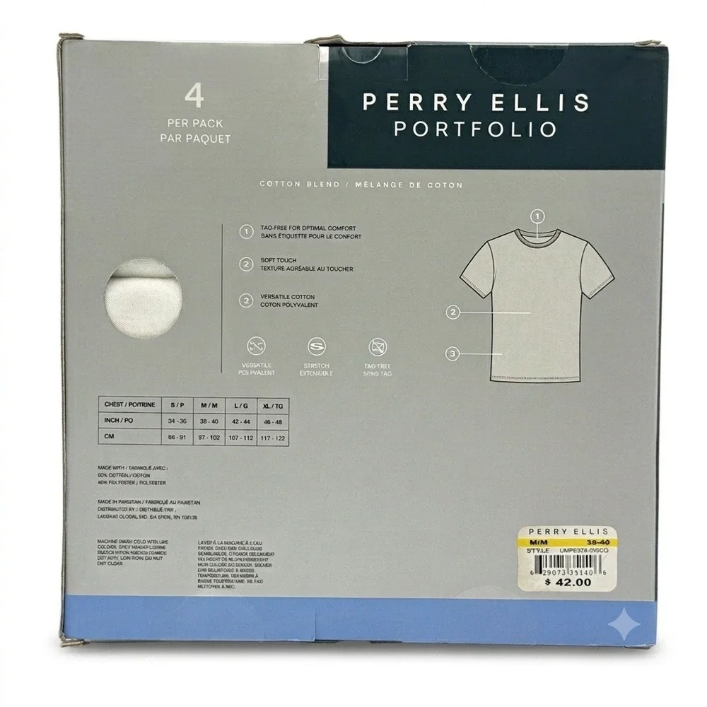 Perry Ellis Portfolio Undershirts Mens M White 4-Pack Cotton Blend Crew Neck NEW